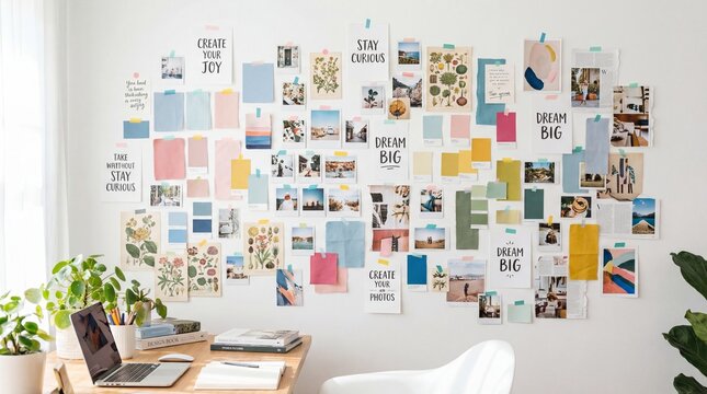 Inspirational mood board wall with photos and quotes above desk with laptop. Creative workspace interior design for planning projects or artistic motivation concepts.