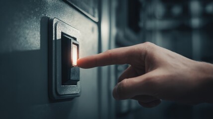 Naklejka premium hyper realistic close up of hand switching off large industrial power switch, symbolic energy reduction concept, dark moody background, environmental