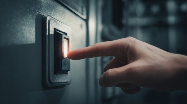 hyper realistic close up of hand switching off large industrial power switch, symbolic energy reduction concept, dark moody background, environmental