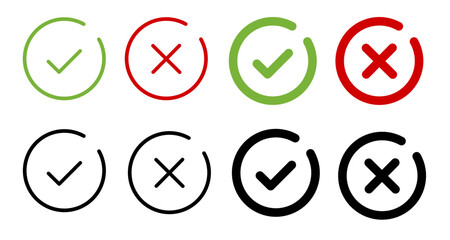 Set of green check marks and red cross icons in thin and thick circular outlines for web and apps © NaRa