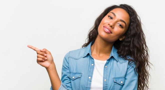 Young woman with long curly hair pointing to the side isolated on white background