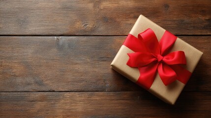 Gift box with red ribbon on wooden table, perfect for celebrations and special occasions, creates an inviting atmosphere for surprise and joy