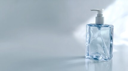 hyper realistic hand sanitizer bottle on clean white surface, transparent liquid visible, hygiene and protection concept, modern minimal composition