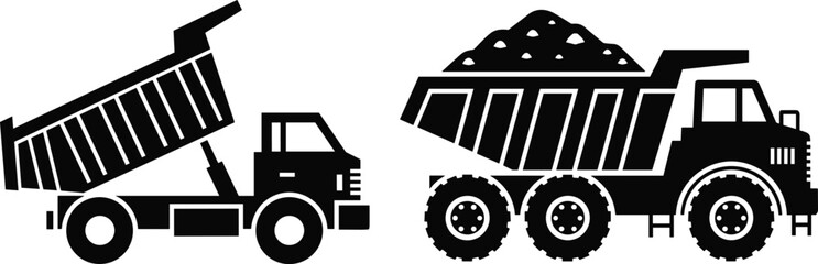 Dump truck silhouettes, heavy vehicle, construction machinery, industrial equipment, mining trucks, earthmoving machines, excavation vehicles, construction site tools, engineering trucks, © Creative Mind