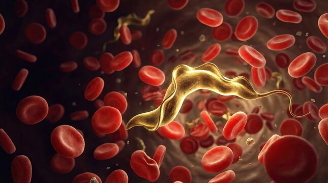 Microscopic view of a trypanosome parasite swimming among numerous red blood cells in a blood vessel.