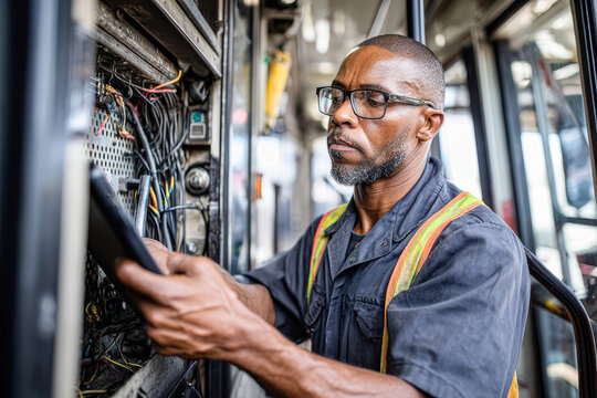 A technician inspects electrical components in a bus, showcasing expertise and focus on maintenance and repair.