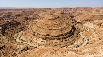 Large rock formation rises above canyon landscape in a desert area with dry terrain and clear blue sky in the background
