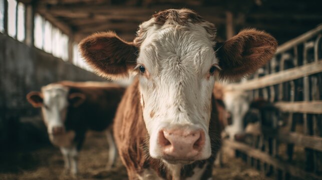 hyper realistic portrait of cow in humane farm environment, soft daylight, animal welfare and ethical farming concept, calm natural mood, space
