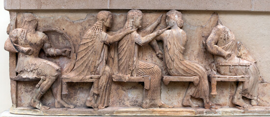 Obraz premium Ancient Greek relief sculpture of the East Frieze of the Siphnian Treasury, shows Assembly of the Gods