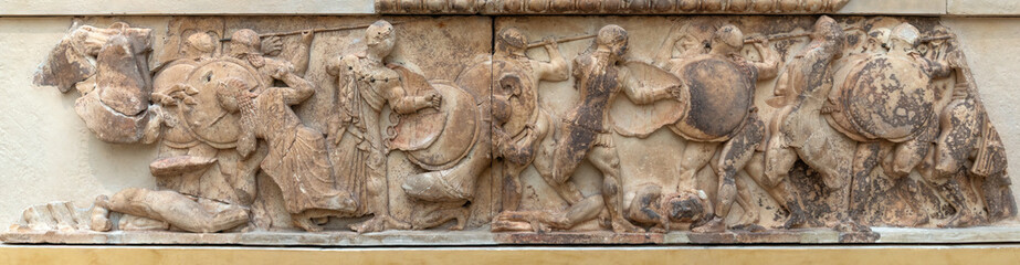 Ancient Greek relief sculpture of the Gigantomachy from the Siphnian Treasury, Delphi, Greece