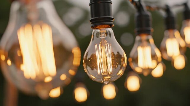 Vintage Edison Bulb String Lights Glowing Warmly Outdoors Cinematic Shot Bokeh Background Evening Ambiance