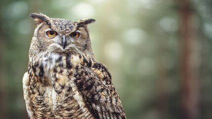 hyper realistic portrait of owl perched calmly, sharp feather detail, soft forest bokeh background, wildlife protection and biodiversity concept