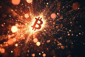 Exploding bitcoin symbol particles