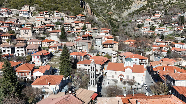 Aerial view of Stemnitsa mountain village and Agios Georgios church, Peloponnese, Greece
