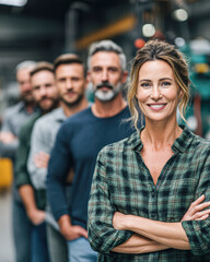 Obraz premium A confident woman stands in front of a line of men, showcasing teamwork and camaraderie in a professional environment.