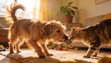Playful Dog and Cat Sharing a Toy in Sunlit Living Room