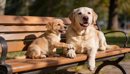 Playful Labrador Puppies Enjoying a Sunny Day on a Park Bench