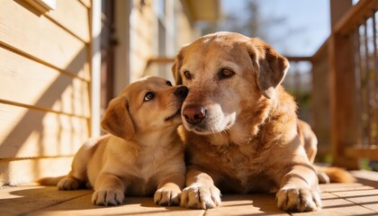 Playful Puppy and Adult Dog Bonding on a Sunny Porch