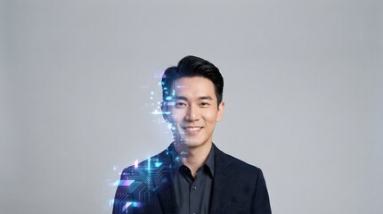 Portrait of a Smiling Man with Digital Effects on a Neutral Background