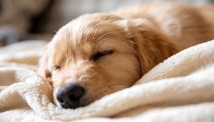 Sleepy Golden Retriever Puppy on Soft Blanket