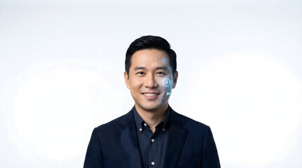 Smiling Man with Digital Facial Features Overlay on Light Background