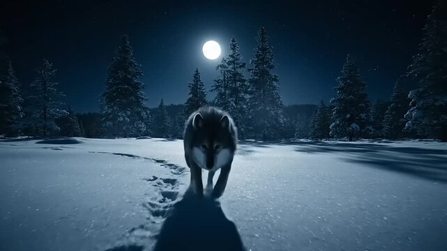 Mystical wolf prowls through snowy landscape under full moon. Majestic, serene. Wildlife nature photography. Atmospheric, winter, and nocturnal.