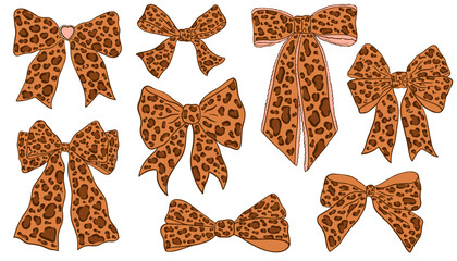 Hand drawn bows and ribbons with leopard pattern print. Coquette style bows drawing, aesthetic elegant girly ribbons. Vector holiday gift decoration, fashion, birthday elegant design elements © PawLoveArt