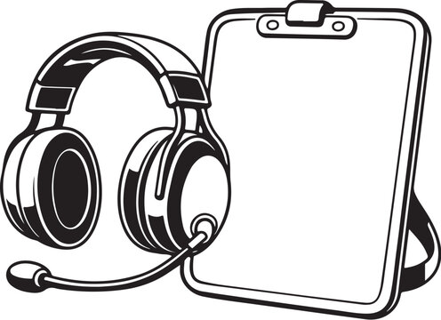 Football Sideline Coach Kit Headset and Playboard Black and White Line Art.eps