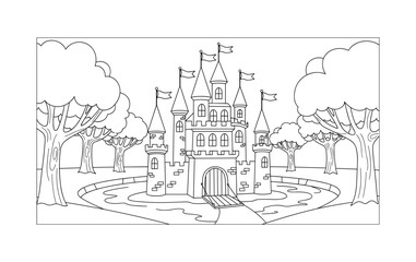 Fototapeta premium Coloring page of a fairy tale castle with trees in a fantasy forest