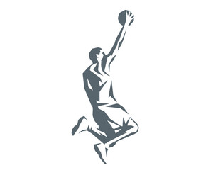 Basketball player performing layup shot silhouette vector illustration geometric style
