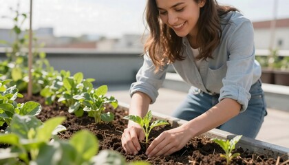 Young Woman Gardening on Rooftop with Fresh Green Plants