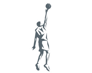 Basketball player performing layup shot silhouette vector illustration geometric style

