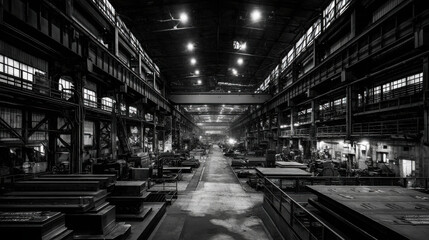Obraz premium Black and white abandoned industrial warehouse