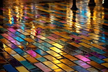 Obraz premium Colorful wet brick pavement reflecting ambient lights