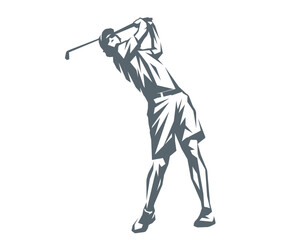 Golf player swinging club silhouette vector illustration geometric style
