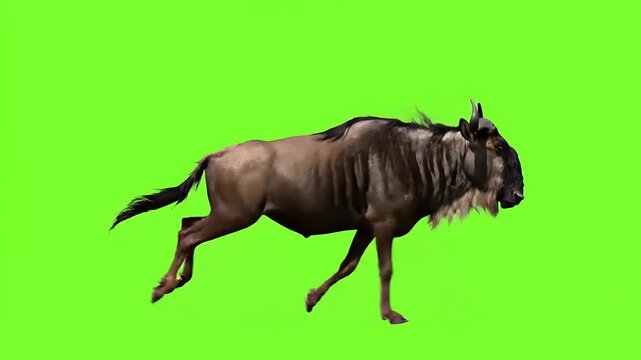 Detailed 3D render of a wildebeest running on a bright green screen backdrop, animation style, isolated, studio lighting, for compositing work.
