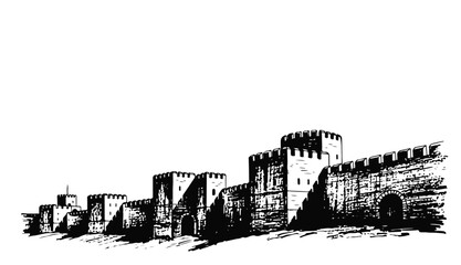Obraz premium Medieval castle wall with towers and battlements in black silhouette
