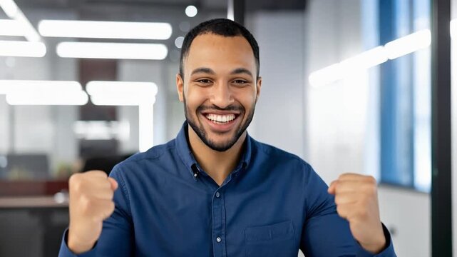 Man cheering with raised fists at an office desk after an achievement while using a laptop computer