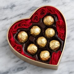 Obraz premium Golden chocolate candy in heart-shaped gift box, Valentine's Day present