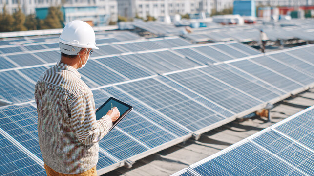 A person inspects solar panels on a rooftop, using a tablet to monitor performance, highlighting renewable energy efforts.