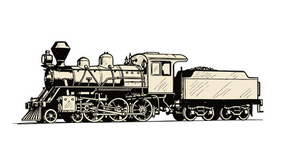 Vintage steam locomotive train engine in motion with cargo car