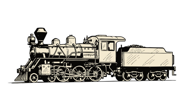 Vintage steam locomotive train engine in motion with cargo car