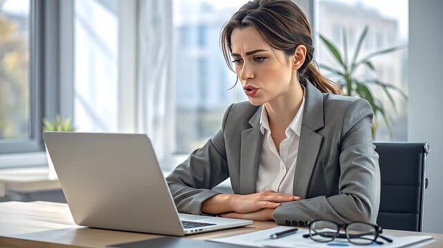 focused business woman working on a laptop at a desk touching her forehead showing concentration and mental effort