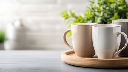 Obraz premium Ceramic coffee mugs on wooden tray creating cozy morning breakfast scene