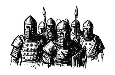 Obraz premium Medieval knights in armor with swords and shields standing ready