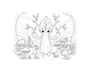 Fototapeta premium Whimsical forest creature with leaves and mushrooms in nature scene