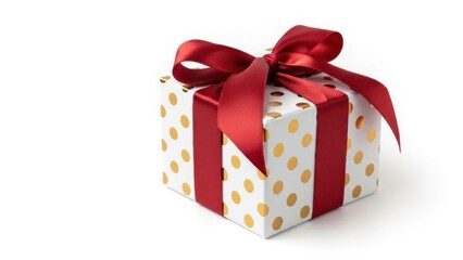 Fototapeta premium A wrapped gift with a red ribbon and gold polka dots on a white background.