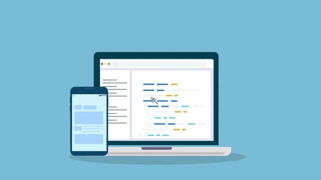 Laptop and smartphone displaying application interface, representing responsive development, cross-device software design, and digital technology workflow.
