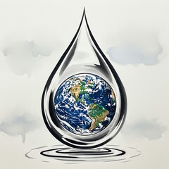 Obraz premium Illustration of a teardrop-shaped globe with Earth inside, surrounded by water ripples and clouds on a white background.