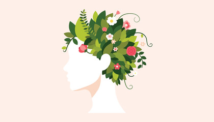 Minimalist Flat Woman Head Profile with Floral Crown Illustration